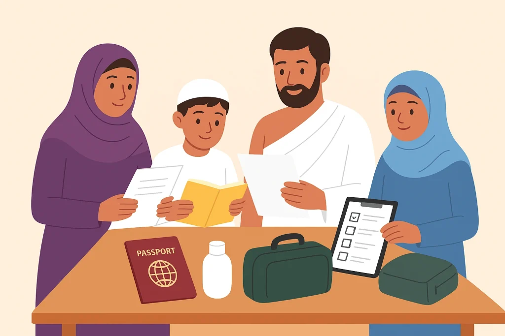 Pakistani Muslim family preparing documents and essentials for Umrah travel